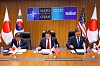 From Right: Korean Foreign Minister Cho Hyun, U.S. Secretary of State Marco Rubio and Japanese Foreign Minister Motegi Toshimitsu sign a memorandum of cooperation on small modular reactors during a trilateral meeting on the sidelines of the NATO leaders' summit, in Ankara, Turkey, on July 7.