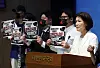 People Power Party Rep. Lee Jin-sook holds a press conference to oppose the revised information law at the National Assembly in western Seoul on July 7.