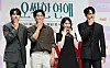 Four cast and crew members pose in front of a tvN drama backdrop at a Seoul hotel event.
