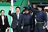 President Lee Jae Myung, second from left, and Mongolia President Ukhnaa Khurelsukh wave hands as they come to Naadam Festival opening in Ulaanbaatar on July 11.
