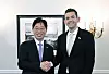 Korea AeroSpace Administration Administrator Oh Tae-seog, left, shakes hands with U.S. National Aeronautics and Space Administration Administrator Jared Isaacman in the United States on April 15.