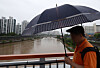Jungnang Stream in northern Seoul is swollen with muddy water due to heavy rain in northern Seoul on July 18.