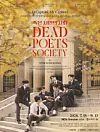 Theatrical poster for Dead Poets Society with students on steps and large red title text.