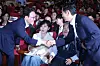 Former Prime Minister Kim Min-seok, left, who now contends to become the chief of the liberal Democratic Party, shakes hand with his rival Rep. Jung Chung-rae at the National Assembly in western Seoul on July 22.
