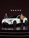 Oscar Bertilsson Olsborg, left, head of 90-series and commercial operations at Volvo Cars, and Lee Yun-mo, CEO of Volvo Car Korea, pose with the latest ES90 in a media event in central Seoul on July 22.