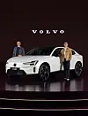 Oscar Bertilsson Olsborg, left, head of 90-series and commercial operations at Volvo Cars, and Lee Yun-mo, CEO of Volvo Car Korea, pose with the latest ES90 in a media event in central Seoul on July 22.