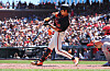 San Francisco Giants right fielder Lee Jung-hoo hits a three run RBI home run against the Los Angeles Angels during the third inning at Oracle Park in San Francisco, California on July 25.