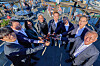 From left: Naver Chairman Lee Hae-jin, SK Group Chairman Chey Tae-won, Microsoft’s Azure Hardware Systems and Infrastructure Rani Borkar, Nvidia CEO Jensen Huang, Korean President Lee Jae Myung, Broadcom CEO Hock Tan, Samsung Electronics Chairman Lee Jae-yong and Hyundai Motor Group Executive Chair Euisun Chung poses for a photograph during a luncheon held in San Francisco on July 24.