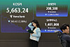 A screen in Hana Bank's trading room in central Seoul shows the Kospi closing at 5,663.24 points on July 29, down 360.42 points, or 5.98 percent, from the previous trading session.