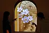 Plum blossom motif projected across an arched museum display with two silhouetted visitors pointing at it.