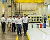 Hyundai Motor Group Executive Chair Euisun Chung, left in front row, inspects the automaker's factory in Sao Paulo in Brazil on July 27.