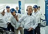 Hyundai Motor Group Executive Chair Euisun Chung, center, inspects the automaker's factory in Sao Paulo in Brazil on July 27.
