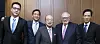 Hanwha Group Chairman Kim Seung-youn, center, and Edwin J. Feulner, second from right, and Kim's three sons pose for a photograph at a hotel in central Seoul on Nov. 8, 2022.