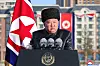 North Korean leader Kim Jong-un speaks at a public event held in Pyongyang on Feb. 16 in a photo carried by the regime-controlled Korean Central News Agency.