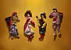 Four colorful handcrafted knit figures hang on an orange background.