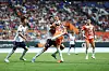 Bayern Munich's Kim Min-jae, center left, tussles with Jeju SK FC's Erald Cinari during a game at Jeju World Cup Stadium in Seogwipo, Jeju on Aug. 4.