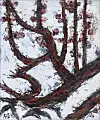 Abstract painting of dark tree branches with red accents on a light background.