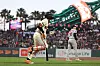 San Francisco Giants' Jung Hoo Lee, left, watches his solo home run off Houston Astros pitcher Hayden Wesneski, right, during the fifth inning of a baseball game in San Francisco, Monday, Aug. 10, 2026. (AP Photo/Jed Jacobsohn)/2026-08-11 12:20:34/