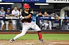 Kia Tigers' Kim Do-yeong hits a ball with his bat during a match against the Samsung Lions in Daegu on July 30.