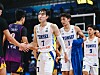 Yonsei University basketball varsity players greet students from The Chinese University of Hong Kong after a group-stage victory at the Asian University Basketball League on Aug. 3, 2026, at Binjiang Gymnasium in Hangzhou, China.