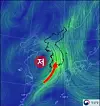16일 상공 1.5㎞ 바람. 중국 남부에서 서해로 이동한 저기압이 강한 남풍을 유입시키고 있다. 기상청 제공