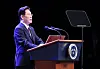 President Lee Jae-myung delivers a speech at a podium during a Liberation Day ceremony in Seoul.
