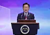 Lee Jae-myung speaks at a podium during a Liberation Day ceremony in Seoul.