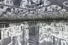 Distorted monochrome interior with reflective walls, ceiling lights and a central corridor.