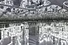 Distorted monochrome interior with reflective walls, ceiling lights and a central corridor.