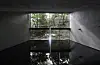 Dark concrete passage with a glass wall, trees outside, and reflections on the floor.