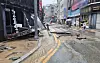 An exterior of a building is seen damaged due to heavy rain in Geoje, South Gyeongsang, on Aug. 17.