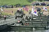 A vehicle from U.S. Army's the Stryker Combat Team crosses a floating bridge on the Namhan River during the combined river-crossing drill between Korea and the United States as a part of the Ulchi Freedom Shield 25 in Yeoju, Gyeonggi on Aug. 27, 2025.