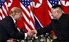 FILE - In this Wednesday, Feb. 27, 2019, file photo, U.S. President Donald Trump shakes hands with North Korean leader Kim Jong Un in Hanoi. Trump said he walked away from his second summit with North Korean leader Kim Jong Un because Kim demanded the U.S. lift all of its sanctions, a claim that North Korea's delegation called a rare news conference in the middle of the night to deny. (AP Photo/ Evan Vucci, File)/2019-03-01 21:18:05/