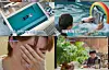 Four-panel collage featuring a pool, a rainbow-colored object, a close-up face, and a leafy outdoor setting.