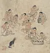 Aged illustration showing several figures gathered around seated people, with a dark cat-like animal below.