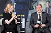 Han So-hee and Choi Min-sik sit with microphones at a Seoul press event for The Intern.