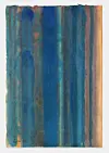 Abstract artwork with textured vertical stripes in blue, teal, green, rust, and ochre.