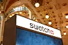 The logo of Swiss watch manufacturer Swatch is displayed at a department store in Paris on May 18.
