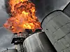 Flame and smoke fumes out from a factory producing raw materials for paint in Cheonan, South Chungcheong, on Aug. 28.