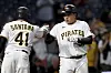 Pittsburgh Pirates' Ji Man Choi celebrates his home run against the Houston Astros with Carlos Santana during the sixth inning of a baseball game in Pittsburgh, Tuesday, April 11, 2023. (AP Photo/Matt Freed)