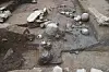 A cooking hearth and artifacts uncovered during excavations at Jangmisanseong Fortress in Chungju, North Chungcheong