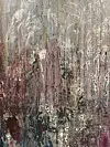 Abstract painting with layered vertical strokes in muted pink, gray, cream, rust, and blue.