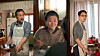 Triptych of three people engaged in everyday activities inside a warmly lit home.