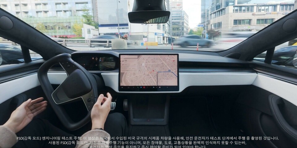 A still from footage uploaded on Tesla Korea's X account, showing the advanced Full Self-Driving system.