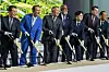 Louisiana Gov. Jeff Landry, second from left, Hyundai Motor Group Executive Chair Euisun Chung, third from left, and  Korean Industry Minister Kim Jung-kwan take a photo at the groundbreaking ceremony of Hyundai Steel's $5.8 billion factory in Donaldsonville, Louisiana on Sept. 4.