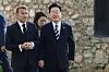 Korean President Lee Jae Myung, right, and French President Emmanuel Macron arrive at the 'Lumiere Summit' meeting on the future of cinema and the moving-image industry at the Maeght Foundation in Saint-Paul-de-Vence, southeastern France, on Sept. 7.