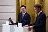 Korean President Lee Jae Myung, left, is seen with French President Emmanuel Macron during a joint statement with at the Elysee Palace in Paris, on Sept. 8.