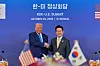 Korea President Lee Jae Myung, right, and U.S. President Donald Trump shake hands ahead of the Korea-U.S. summit held at the Gyeongju National Museum in North Gyeongsang, on Oct. 29.