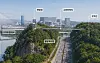 A rendering shows a planned green bridge connecting Mount Godeok to an observation deck across Olympic-daero.