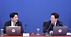 President Lee Jae Myung, right, speaks during a meeting with senior secretaries at the Blue House in central Seoul on Sept. 21. Presidential chief of staff Kang Hoon-sik is also seen in the photo.